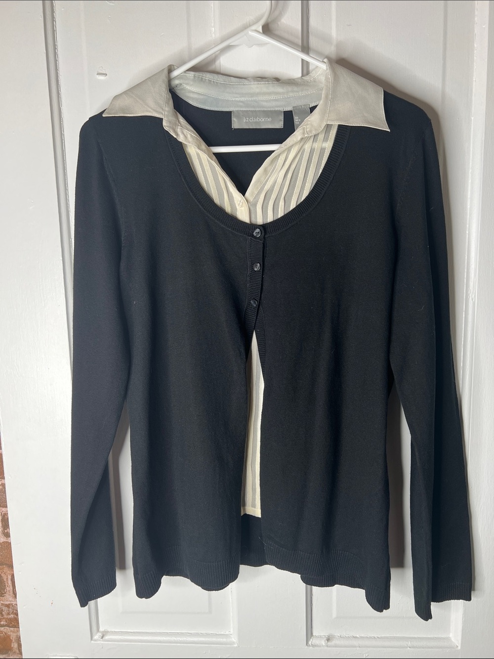 Liz Claiborne Black Layered-Look Sweater with Cream Striped Insert